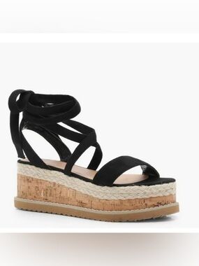 Boohoo Black Lace Up Cork Platform Espadrille Sandals Size 5